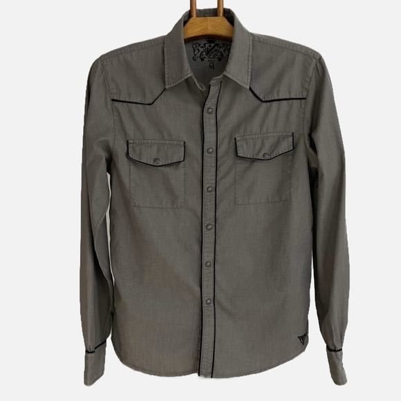 Guess Men’s Button Down Western Shirt Pearl Snap Size Medium Gray Black Trim - Picture 7 of 9